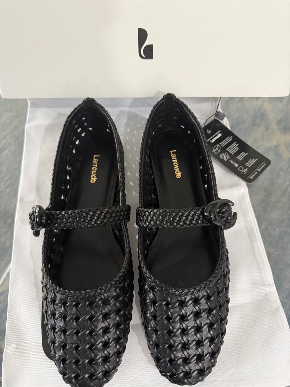 Larroude Women’s Black Verona New Macrame In Black Leather size 8 New In Box